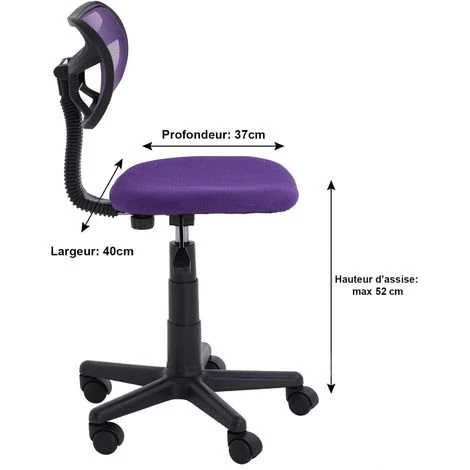 IDIMEX Chaise De Bureau Pour Enfant MILAN Fauteuil Pivotant Et Ergonomique, Siège à Roulettes Avec Hauteur Réglable, Mesh Violet - Violet 4 IDIMEX Chaise De Bureau Pour Enfant MILAN Fauteuil Pivotant Et Ergonomique, Siège à Roulettes Avec Hauteur Réglable, Mesh Violet - Violet – Image 2