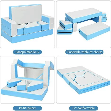 COSTWAY Canapé Pour Enfant Convertible Jeu 4 En 1 Canapé Puzzle Composé De Matelas Coloris Rouge+Bleu En EPE Et PU Imperméable (Bleu) 4 COSTWAY Canapé Pour Enfant Convertible Jeu 4 En 1 Canapé Puzzle Composé De Matelas Coloris Rouge+Bleu En EPE Et PU Imperméable (Bleu) – Image 2