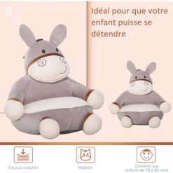 HOMCOM Fauteuil Enfant âne Dim. 60L X 55l X 60H Cm Garnissage Moelleux Coton Revêtement Velours Gris Crème - Gris -Assise pour enfant Soldes 30811824 4