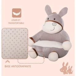 HOMCOM Fauteuil Enfant âne Dim. 60L X 55l X 60H Cm Garnissage Moelleux Coton Revêtement Velours Gris Crème - Gris -Assise pour enfant Soldes 30811824 5