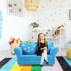 GOPLUS Canapé Enfant 2 Places-Fauteuil Enfant Avec Deux Oreillers En Forme De Fraise-Sofa Fille Et Gar?on-Capacité De Charge 90KG-90x53x48cm-Bleu/Rose (Bleu) -Assise pour enfant Soldes 40243799 2