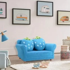GOPLUS Canapé Enfant 2 Places-Fauteuil Enfant Avec Deux Oreillers En Forme De Fraise-Sofa Fille Et Gar?on-Capacité De Charge 90KG-90x53x48cm-Bleu/Rose (Bleu) -Assise pour enfant Soldes 40243799 4