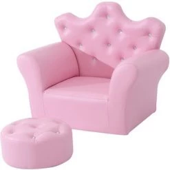 HOMCOM Ensemble Fauteuil Et Pouf Enfant Design Couronne De Princesse - Dossier Et Assise Pouf Avec Boutons Strass Aspect Cristaux - Structure Bois Revêtement Synthétique PVC Rose - Rose
