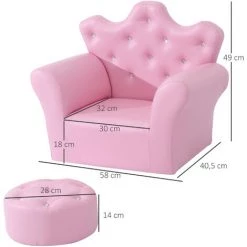 HOMCOM Ensemble Fauteuil Et Pouf Enfant Design Couronne De Princesse - Dossier Et Assise Pouf Avec Boutons Strass Aspect Cristaux - Structure Bois Revêtement Synthétique PVC Rose - Rose -Assise pour enfant Soldes 47140649 3