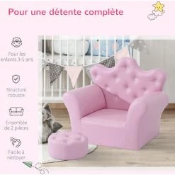 HOMCOM Ensemble Fauteuil Et Pouf Enfant Design Couronne De Princesse - Dossier Et Assise Pouf Avec Boutons Strass Aspect Cristaux - Structure Bois Revêtement Synthétique PVC Rose - Rose -Assise pour enfant Soldes 47140649 4