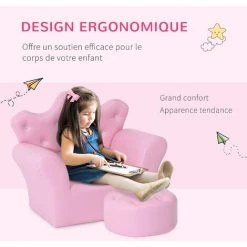 HOMCOM Ensemble Fauteuil Et Pouf Enfant Design Couronne De Princesse - Dossier Et Assise Pouf Avec Boutons Strass Aspect Cristaux - Structure Bois Revêtement Synthétique PVC Rose - Rose -Assise pour enfant Soldes 47140649 5