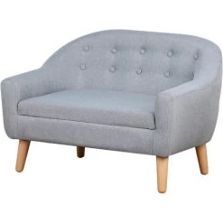 HOMCOM Fauteuil Enfant Design Scandinave Grand Confort Dossier Capitonné 10 Boutons Piètement Effilé Aspect Bois Clair Revêtement Lin Gris Clair