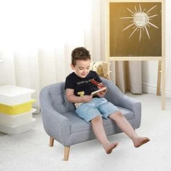 HOMCOM Fauteuil Enfant Design Scandinave Grand Confort Dossier Capitonné 10 Boutons Piètement Effilé Aspect Bois Clair Revêtement Lin Gris Clair -Assise pour enfant Soldes 47140657 4