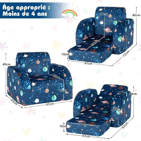 COSTWAY Canapé 3en1 Pour Enfants, Fauteuil Convertible Pliable En Velours Canapé-Lit Pliable Pour Garçons Et Filles 0 à 3 Ans Bleu 7 COSTWAY Canapé 3en1 Pour Enfants, Fauteuil Convertible Pliable En Velours Canapé-Lit Pliable Pour Garçons Et Filles 0 à 3 Ans Bleu – Image 5