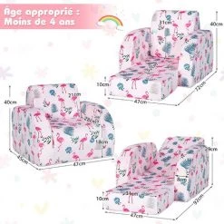 COSTWAY Canapé 3en1 Pour Enfants, Fauteuil Convertible Pliable En Velours Canapé-Lit Pliable Pour Garçons Et Filles 0 à 3 Ans Rose -Assise pour enfant Soldes 50062459 5