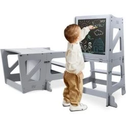 Yoleo Tour D'apprentissage Transformable, Tour D'observation Pour Enfants Montessori, Kitchen Helper Avec Tableau Noir Et Blanc, Gris