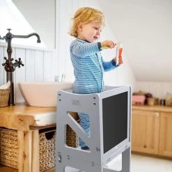 Yoleo Tour D'apprentissage Transformable, Tour D'observation Pour Enfants Montessori, Kitchen Helper Avec Tableau Noir Et Blanc, Gris -Assise pour enfant Soldes 54917338 5