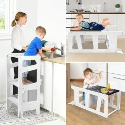 Yoleo Tour D'observation Montessori En Bois Nature, Tour D'apprentissage Sécurisée, Marchepied Pour Bébé Avec Tableau Noir- Blanc Géométrie