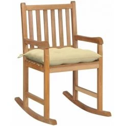 HAPPYSHOPPING Chaise à Bascule Avec Coussin Blanc Crème Bois De Teck Solide