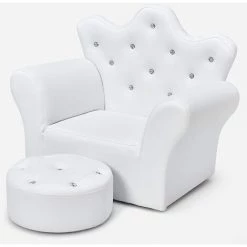 GIANTEX Fauteuil Pour Enfant Avec Tabouret, Fauteuil Enfant En Forme De Couronne, Confortable CanapE De Princesse Avec Dossier Haut& Boutons En Cristal, Pour Chambre D'enfant (Blanc)