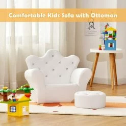 GIANTEX Fauteuil Pour Enfant Avec Tabouret, Fauteuil Enfant En Forme De Couronne, Confortable CanapE De Princesse Avec Dossier Haut& Boutons En Cristal, Pour Chambre D'enfant (Blanc) -Assise pour enfant Soldes 57240437 3