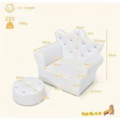 GIANTEX Fauteuil Pour Enfant Avec Tabouret, Fauteuil Enfant En Forme De Couronne, Confortable CanapE De Princesse Avec Dossier Haut& Boutons En Cristal, Pour Chambre D'enfant (Blanc) -Assise pour enfant Soldes 57240437 5