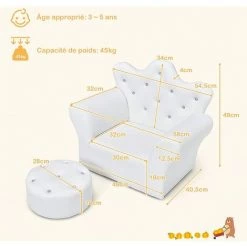 DREMADE DREAMADE Fauteuil Pour Enfant Rembourré Avec Pouf, Canapé Enfant En PVC Et Eponge Avec Accoudoir, Style De Couronne Princesse, Pour Chambre D'enfants, Salon, Chambre à Coucher (Blanc) -Assise pour enfant Soldes 58846044 5