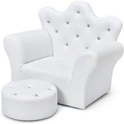 BAICCCF Canapé Pour Enfant En Forme De Couronne Blanche Avec Repose-pieds, Fauteuil Enfant,chaise D'accoudoir Rembourrée Pour Princesse Avec Pouf, Cuir PVC Et Cristal Intégré, Meubles De Chambre à Coucher Pour Bébé Fille