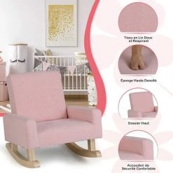 COSTWAY Fauteuil à Bascule Enfant, Fauteuil Moderne En Tissu De Lin, Avec Pieds En Bois De Peuplier Massif à Bascule, Design Anti-Renversement, Enfant De 3 à 5 Ans, Rose -Assise pour enfant Soldes 64078332 3