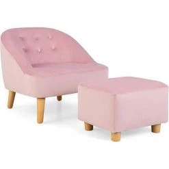 COSTWAY Ensemble De Canapé Et Pouf Pour Enfants, Fauteuil Simple Pour Tout-Petit Avec Tabouret Assorti, Canapé Pour Enfants En Velours Hollandais Doux Pour Salle De Jeux, Pour 3-5 Ans