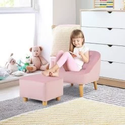 COSTWAY Ensemble De Canapé Et Pouf Pour Enfants, Fauteuil Simple Pour Tout-Petit Avec Tabouret Assorti, Canapé Pour Enfants En Velours Hollandais Doux Pour Salle De Jeux, Pour 3-5 Ans -Assise pour enfant Soldes 64078333 3