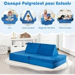 COSTWAY Canapé Pour Enfants Convertible 2 Places/Canapé Modulable Comme Blocs De Construction Avec 2 Tapis Pliants Et 2 Oreillers En Tissu Suédine, Bleu -Assise pour enfant Soldes 64437386 3