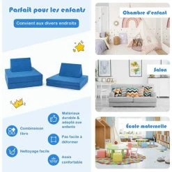 COSTWAY Canapé Pour Enfants Convertible 2 Places/Canapé Modulable Comme Blocs De Construction Avec 2 Tapis Pliants Et 2 Oreillers En Tissu Suédine, Bleu -Assise pour enfant Soldes 64437386 4