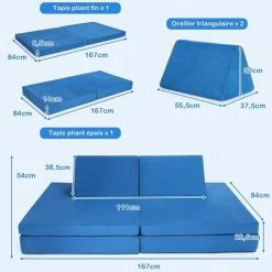 COSTWAY Canapé Pour Enfants Convertible 2 Places/Canapé Modulable Comme Blocs De Construction Avec 2 Tapis Pliants Et 2 Oreillers En Tissu Suédine, Bleu -Assise pour enfant Soldes 64437386 5